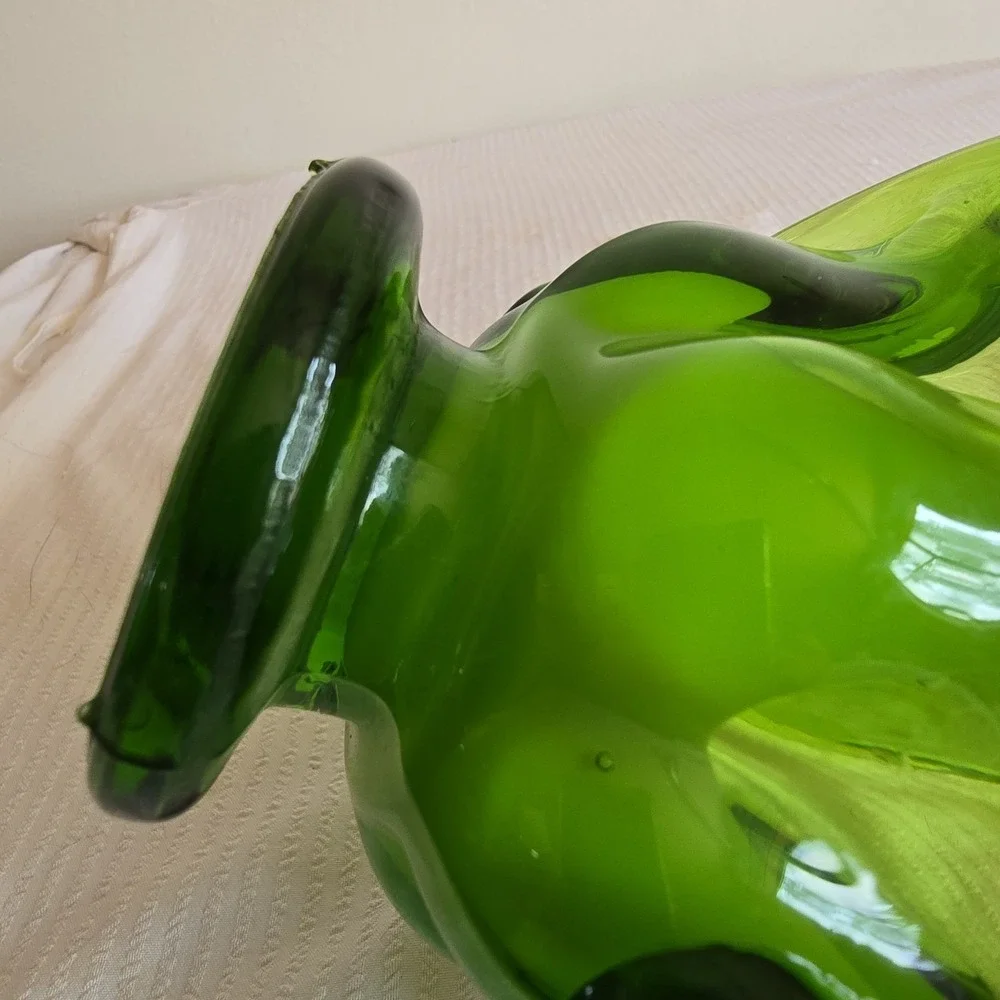 MCM 1960 Emerald Green and White Handblown Glass Basket Candy Dish Bohemian Form